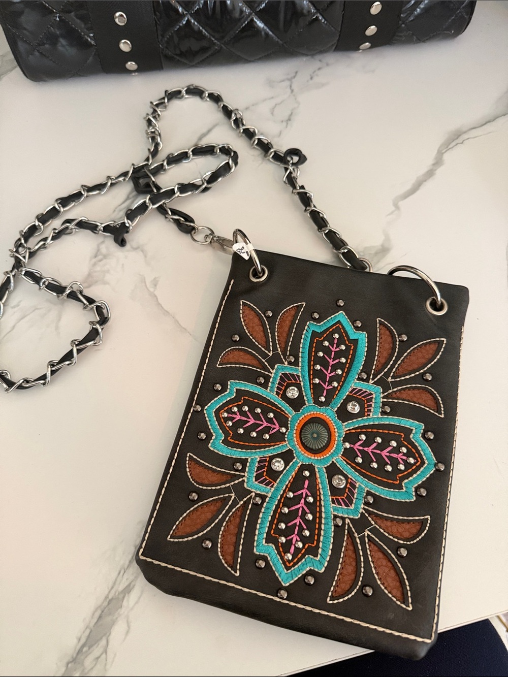 Embroidered Floral Crossbody Bag - Black with Turquoise & Brown